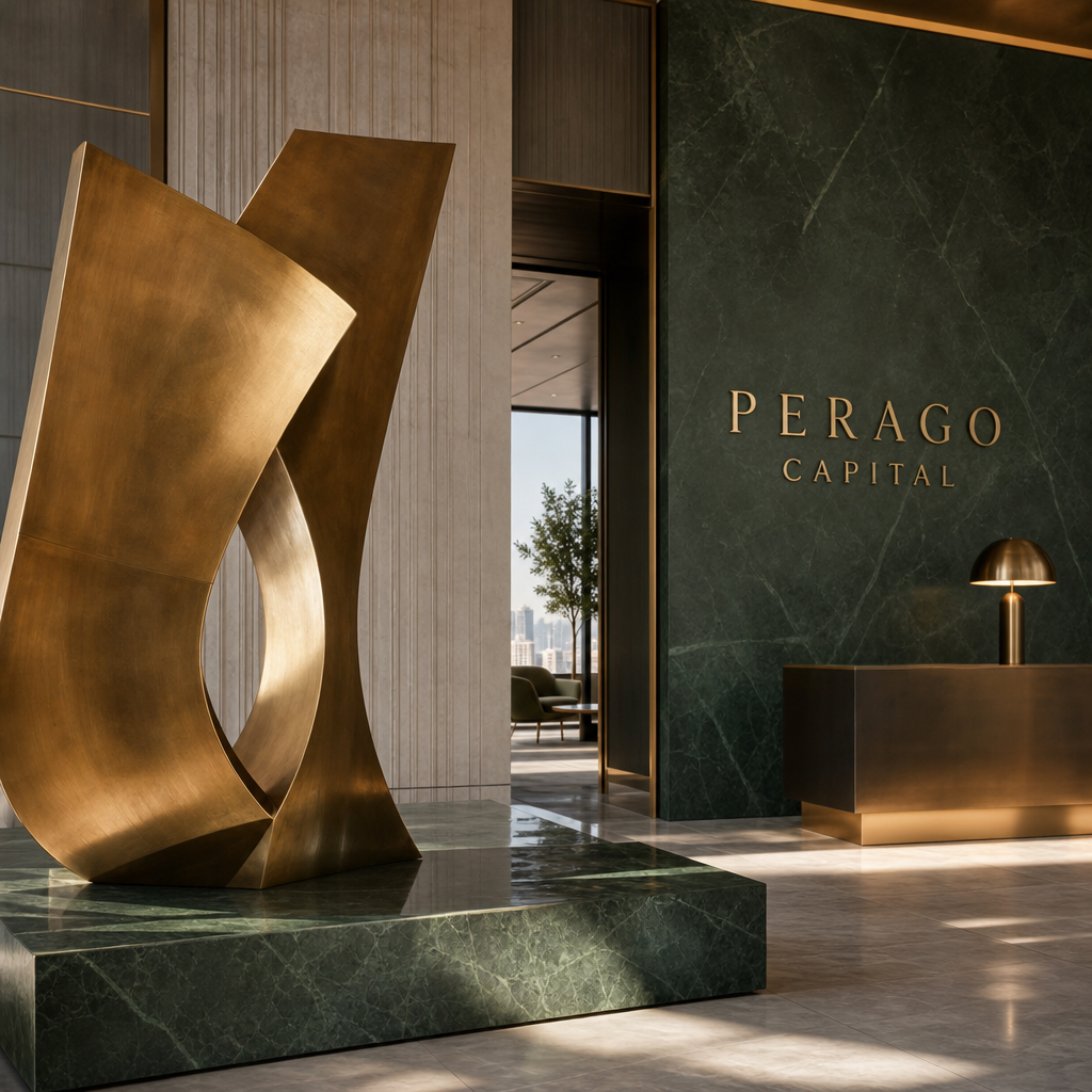 Perago Capital office interior with a brass and marble sculpture